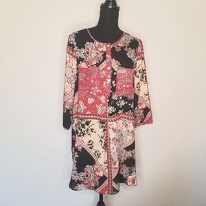 Fig And Flower Dress Tunic Straight Cut Side Slits Floral Patchwork Print
